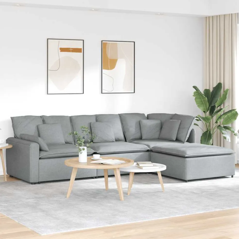 vidaXL Modulaire bank met voetenbank en kussens stof lichtgrijs