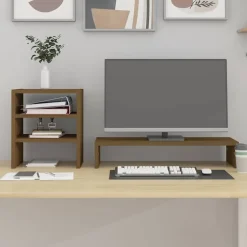 vidaXL Monitorstandaard 81x20x30 cm massief grenenhout honingbruin
