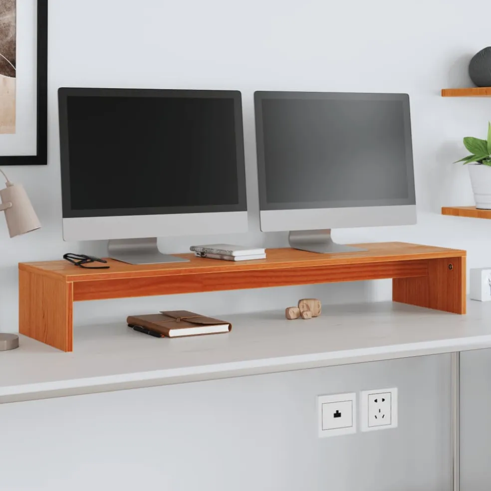 vidaXL Monitorstandaard 100x27x15 cm massief grenenhout wasbruin