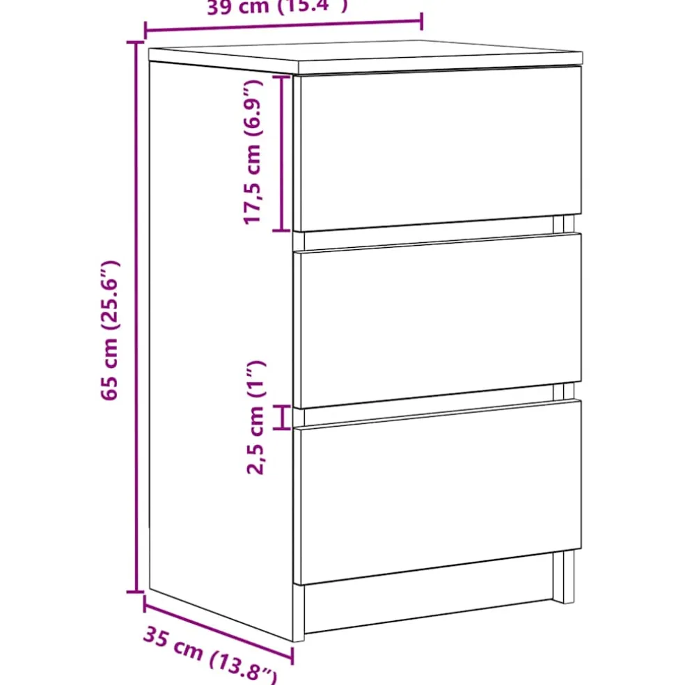 vidaXL Nachtkastje met 3 lades 39x35x65 cm wit