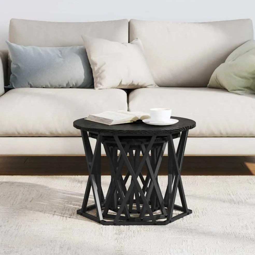 vidaXL Nestbare Bijzettafel 3 st Zwart Eiken 53 x 53 x 40 cm