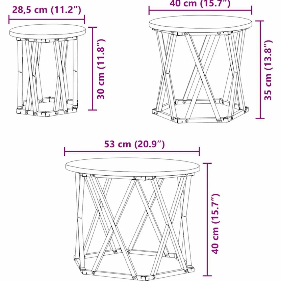 vidaXL Nestbare Bijzettafel 3 st Zwart Eiken 53 x 53 x 40 cm