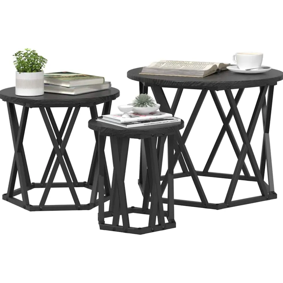 vidaXL Nestbare Bijzettafel 3 st Zwart Eiken 53 x 53 x 40 cm