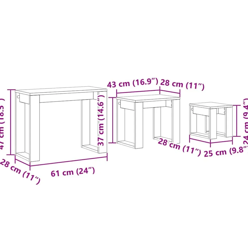 vidaXL Nesttafels 3 st Zwart Eiken 61 x 28 x 47 cm Bewerkt hout