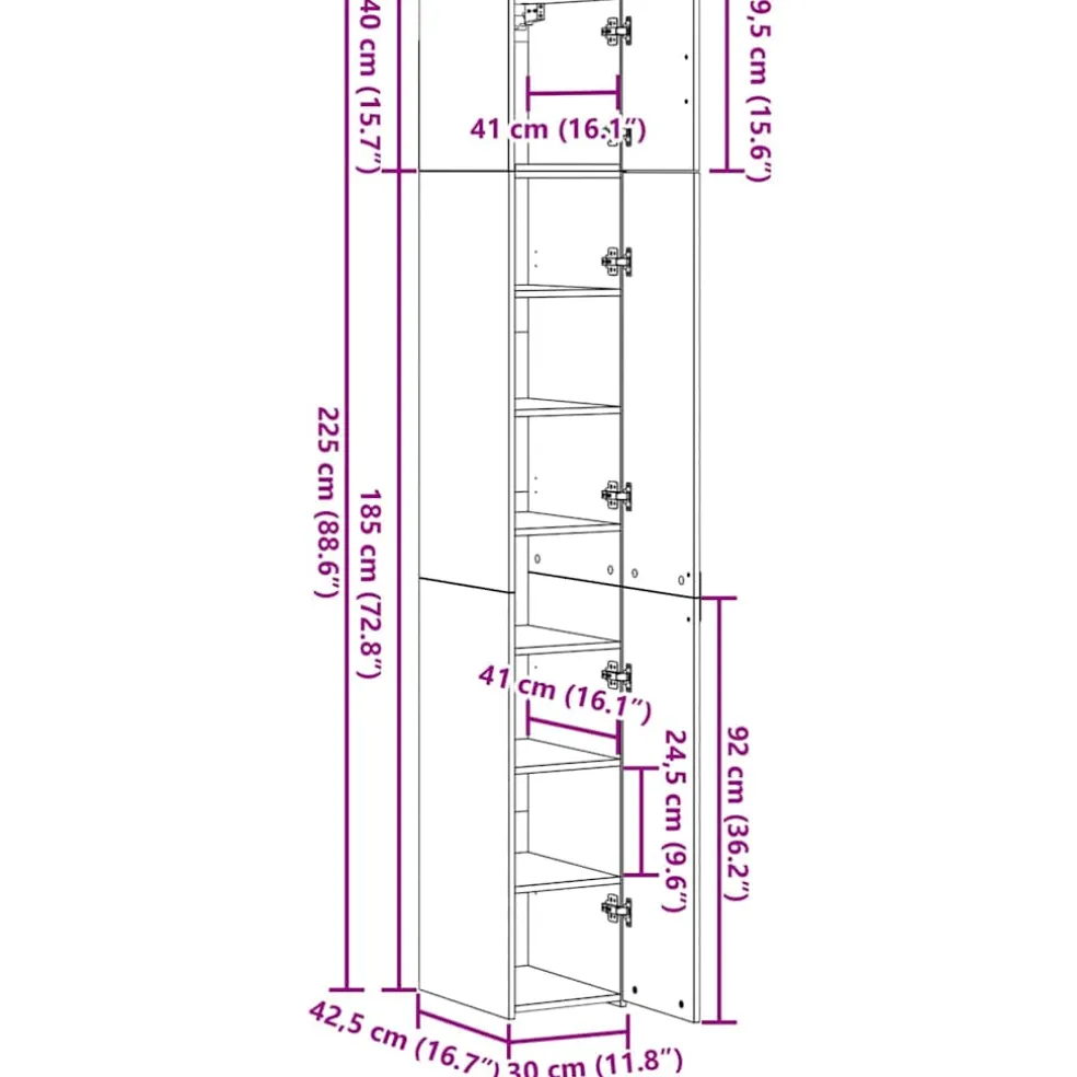 vidaXL Opbergkast met Planken Zwart eiken 30 x 42,5 x 225 cm