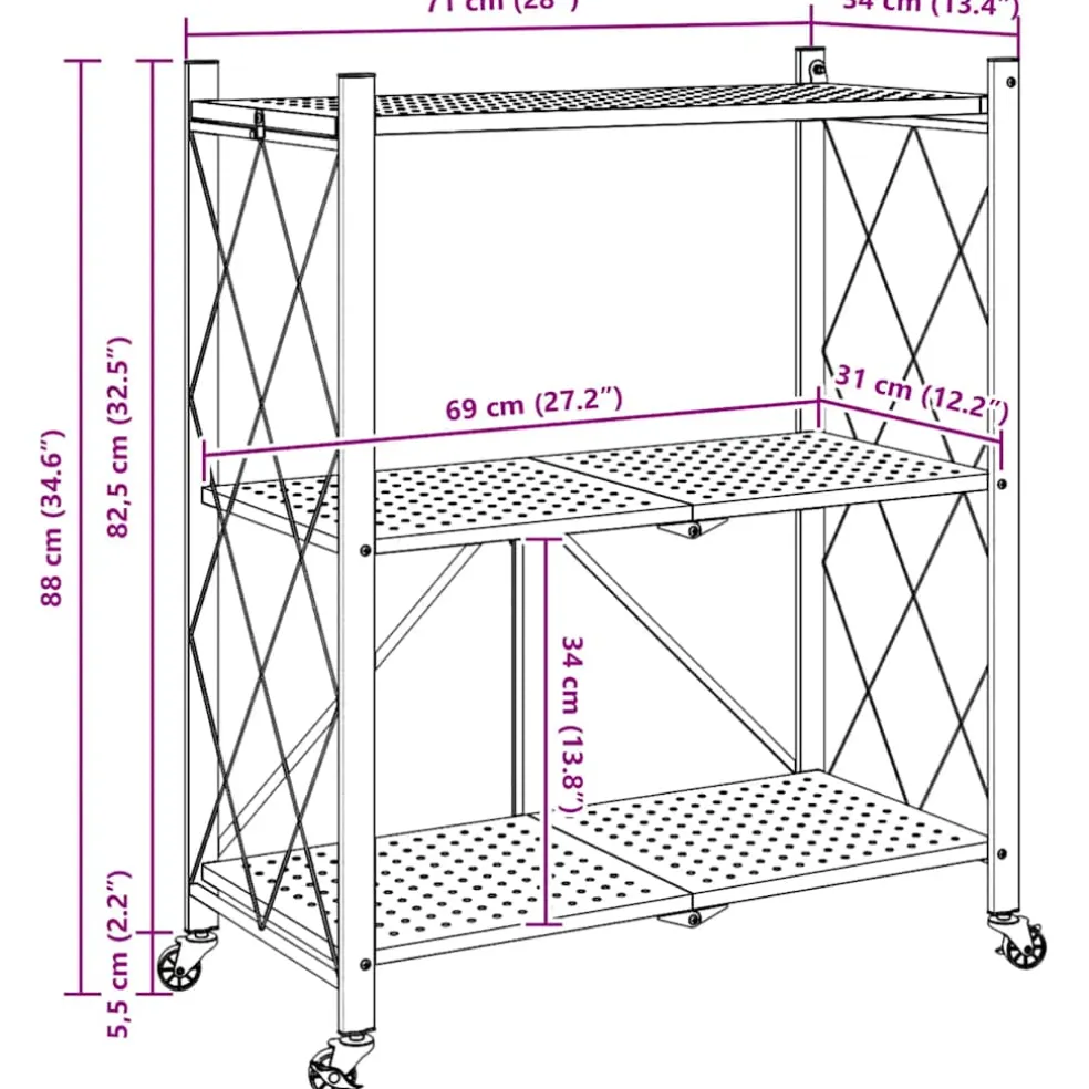 vidaXL Opbergplank op wielen zwart 71x34x88 cm staal