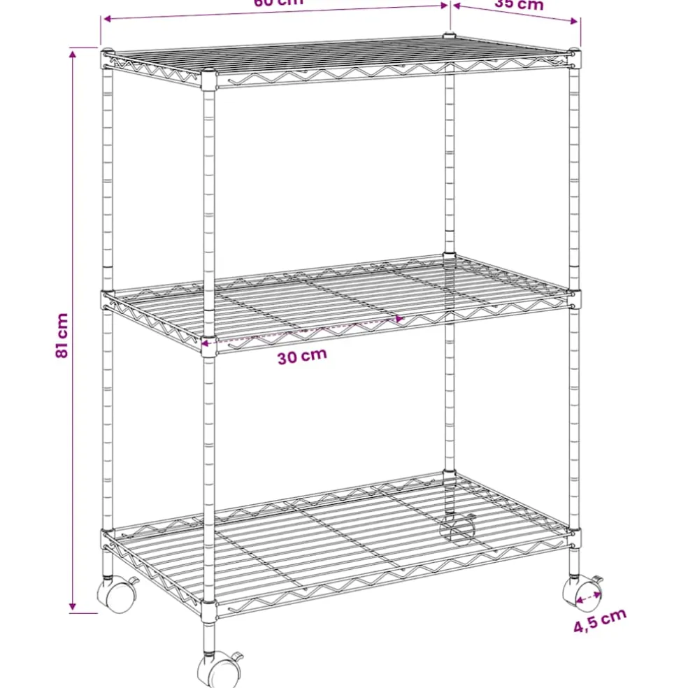 vidaXL Opbergrek met wielen 3-laags 150 kg 60x35x81 cm chroomkleurig