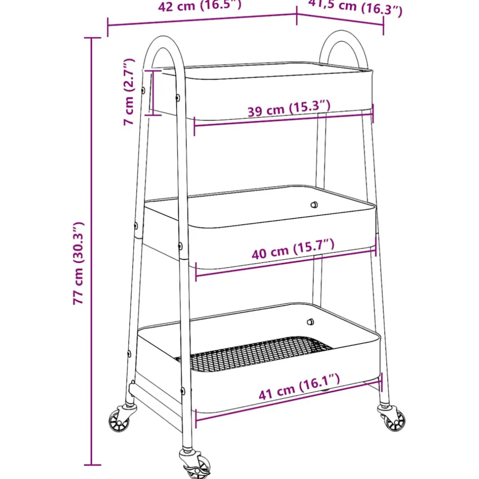 vidaXL Opbergtrolley 3-laags 42x41,5x77 cm staal zwart