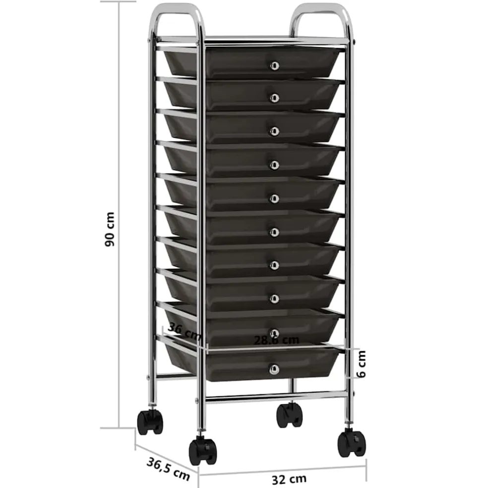 vidaXL Opbergtrolley met 10 lades mobiel kunststof zwart