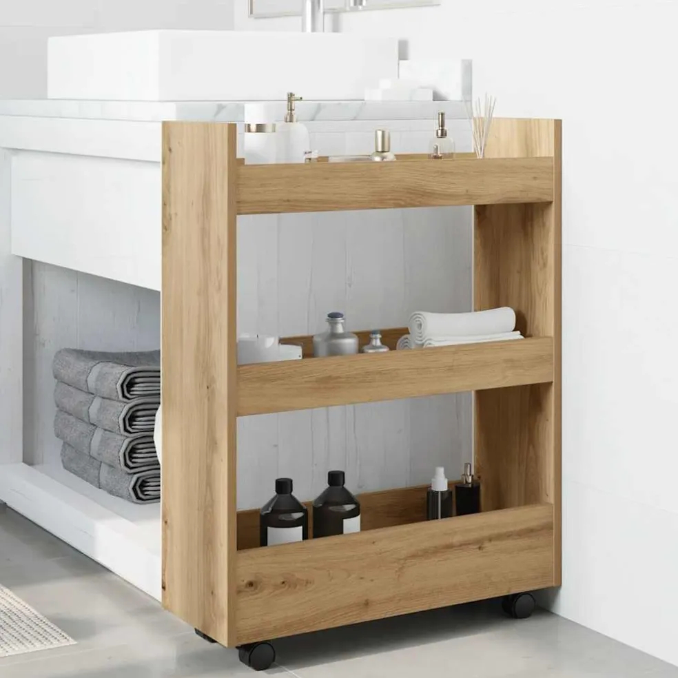 vidaXL Opbergtrolley smal 3-laags bewerkt hout artisanaal eikenkleurig