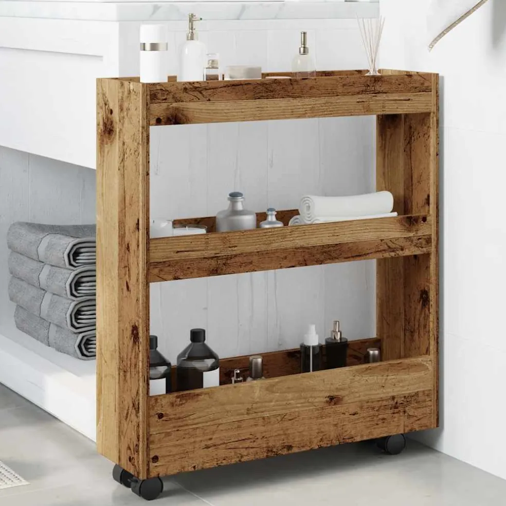 vidaXL Opbergtrolley smal 3-laags bewerkt hout oud houtkleurig