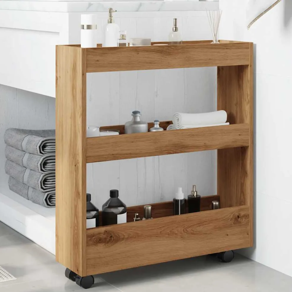 vidaXL Opbergtrolley smal 3-laags bewerkt hout artisanaal eikenkleurig