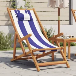 vidaXL Opklapbare stoel blauw en wit, massief eucalyptushout en stof.