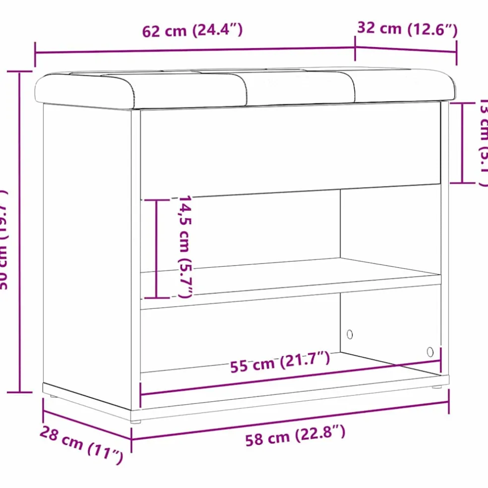vidaXL Opslagbank Zwart Eiken 62 x 32 x 50 cm Bewerkt hout