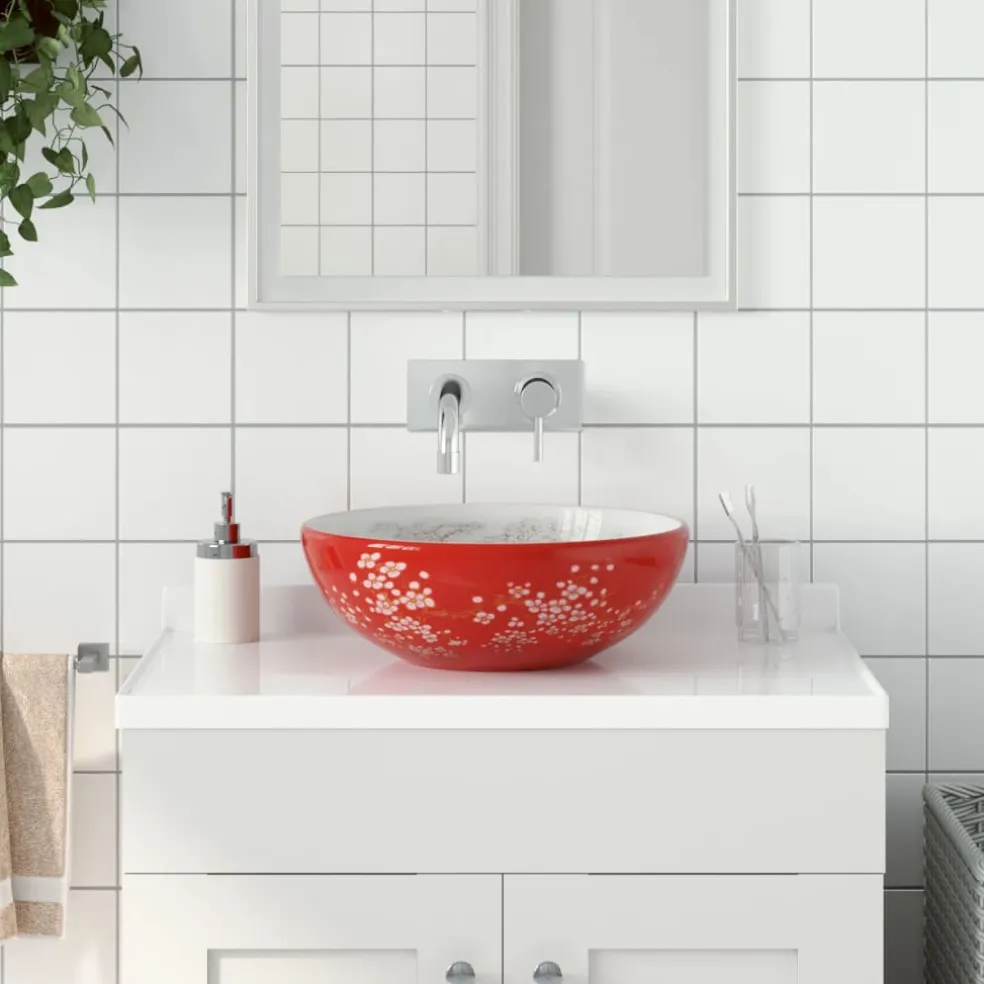 vidaXL Opzetwasbak rond Φ41x14 cm keramiek wit en rood