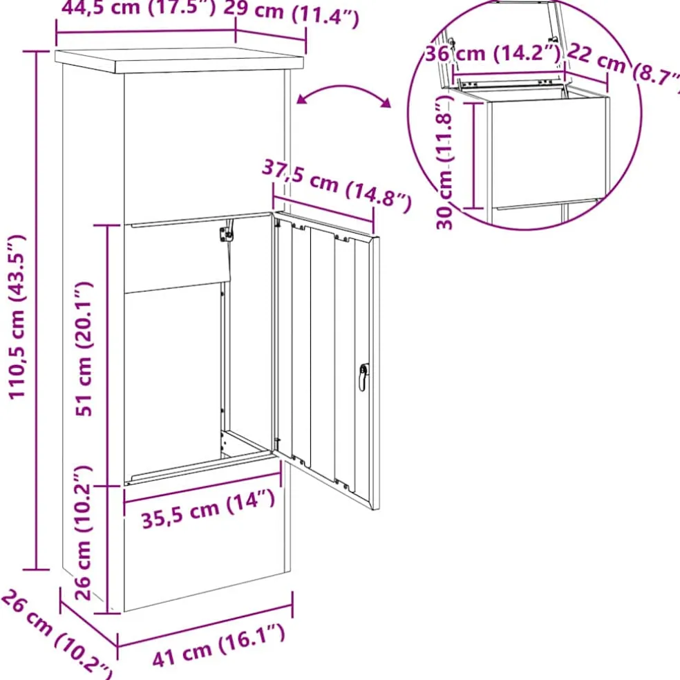 vidaXL Pakket inwerp box met opslag Zwart 44,5 x 29 x 110,5 cm