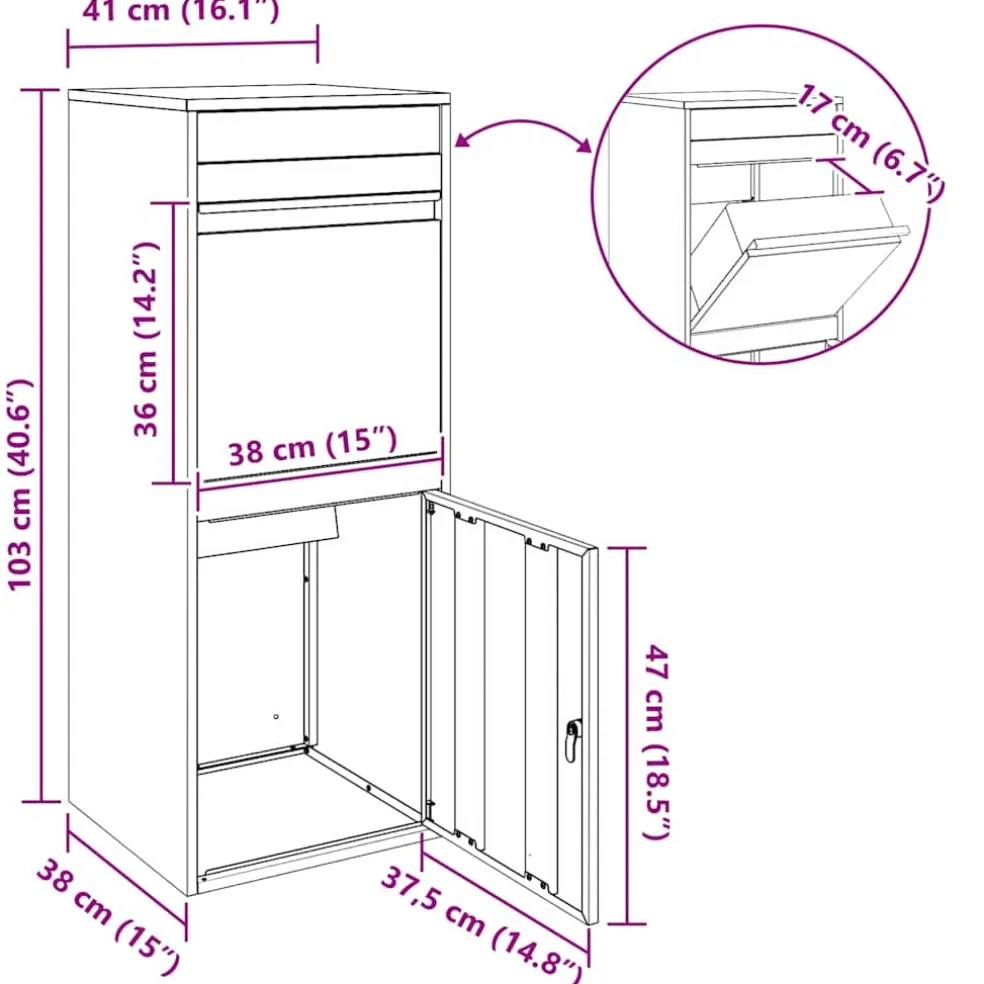 vidaXL Pakket inwerp box met opslag Zwart 41 x 38 x 103 cm Staal
