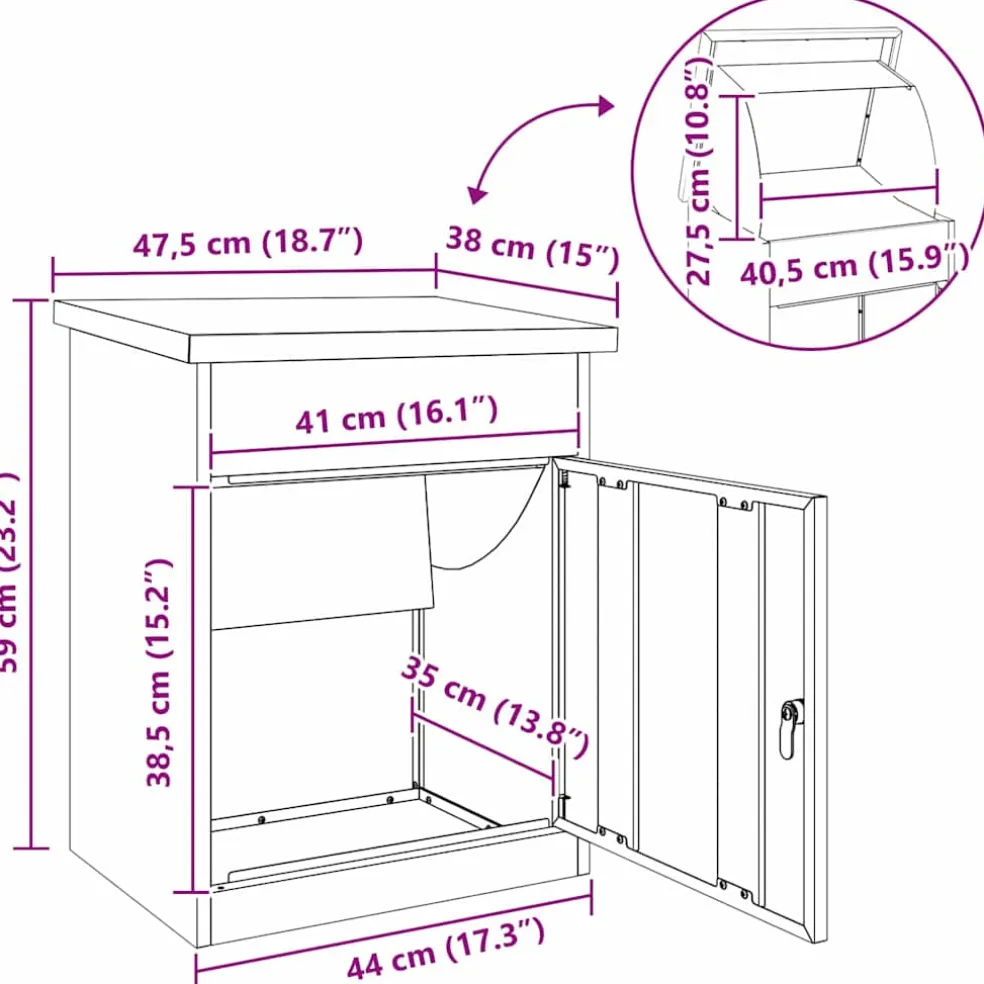 vidaXL Pakket inwerp box Zwart 47,5 x 38 x 59 cm Gegalvaniseerd staal