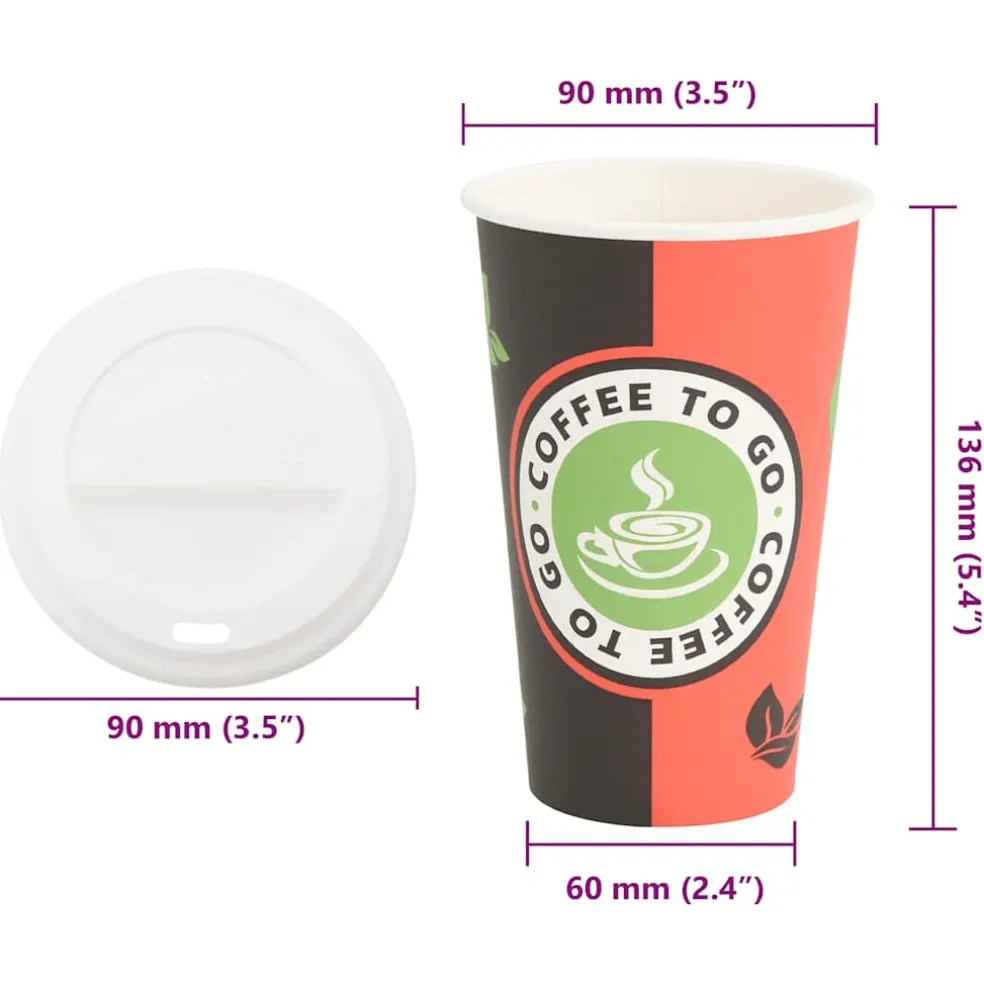 vidaXL Papieren koffiekopjes met deksel 1000 st 16oz 400 ml