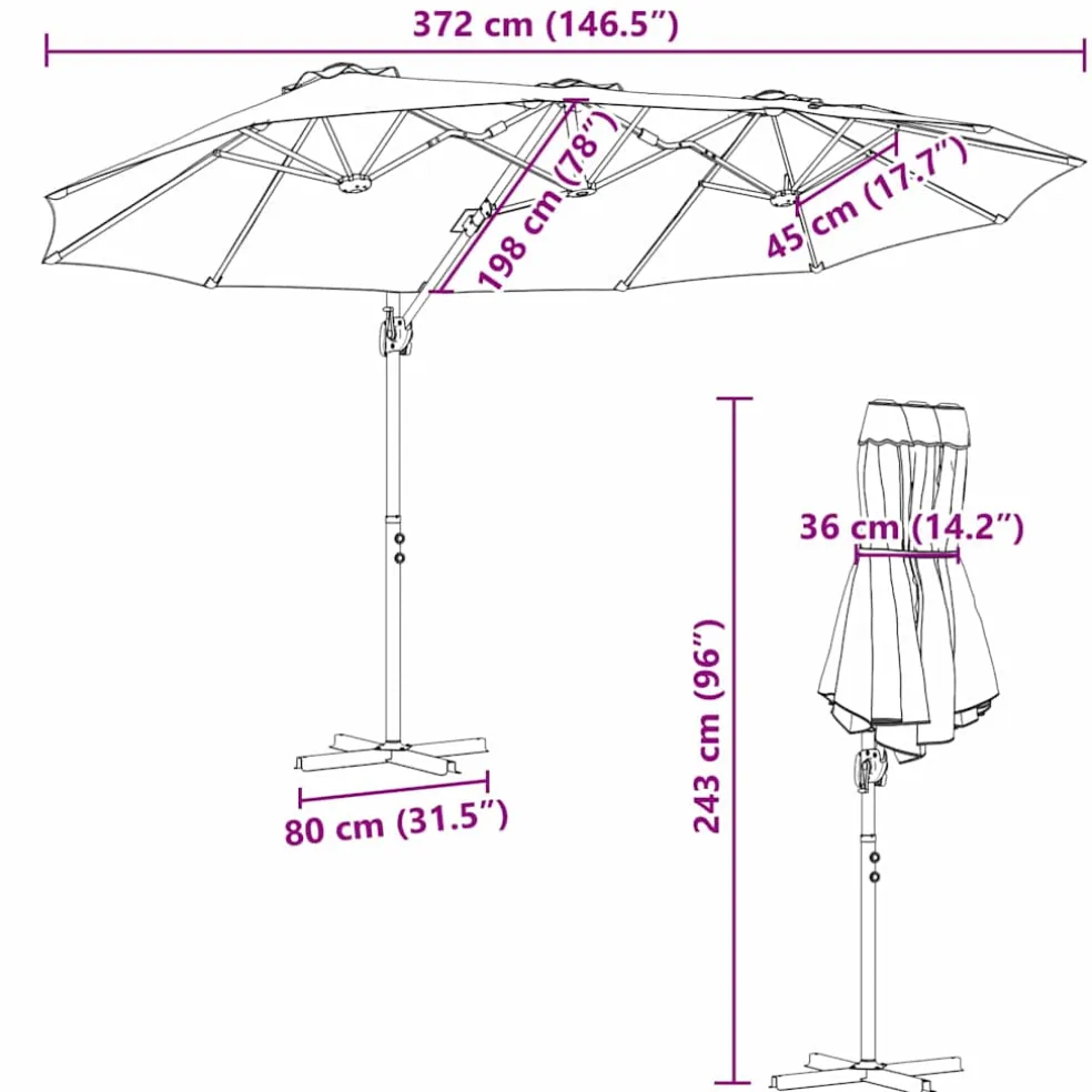 vidaXL Parasol Bordeaux Rood 372 x 198 x 243 cm Polyester en Aluminium
