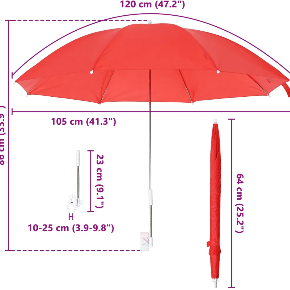 vidaXL Parasol met klem Ø 105 x 86 cm 170T polyester 2 st baksteenrood