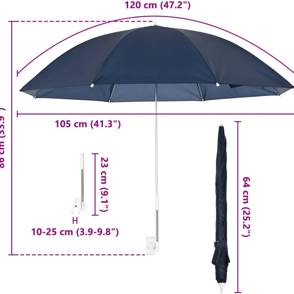 vidaXL Parasol met klem Ø 105 x 86 cm 170T polyester 2 st Marineblauw