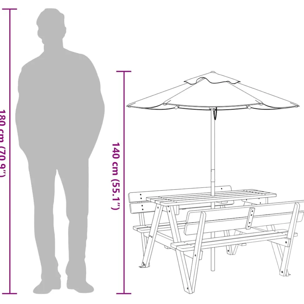 vidaXL Picknicktafel voor 4 kinderen met parasol massief vurenhout