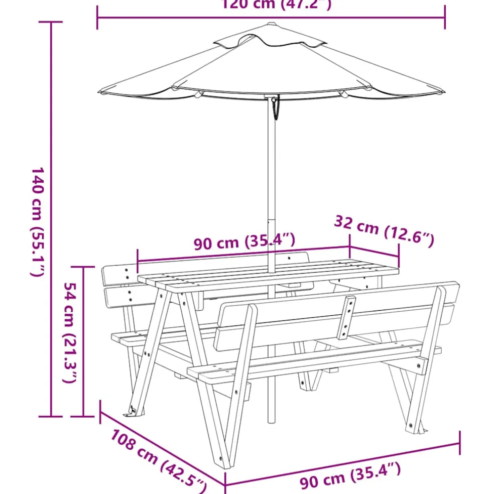 vidaXL Picknicktafel voor 4 kinderen met parasol massief vurenhout