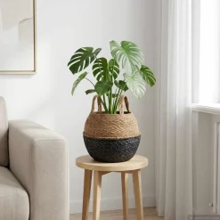 vidaXL Plantenpot met handvatten Zwart Ø 22 x 20 cm 100% Zeegras