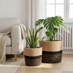 vidaXL Plantenpot Set 2 st Naturel en Zwart Ø 28 x 28 cm