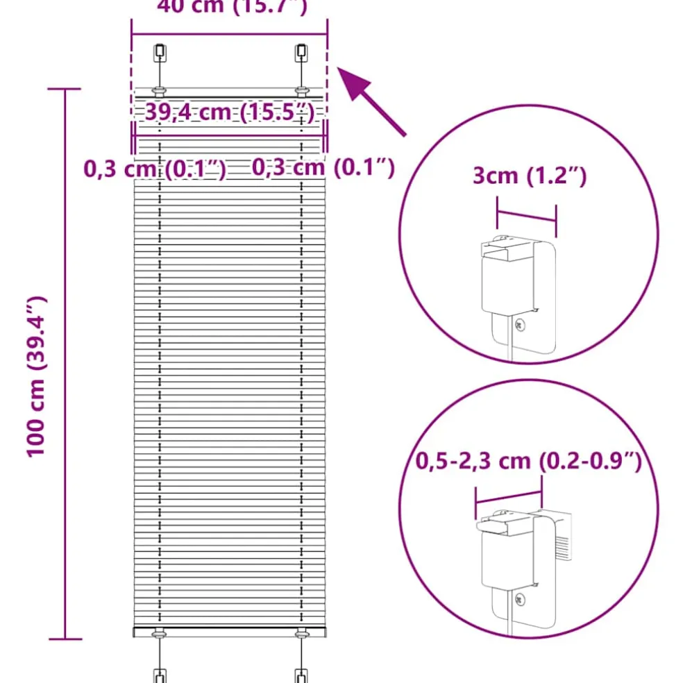 vidaXL Plissé rolgordijn 40x100 cm stofbreedte 39,4 cm lichtgrijs
