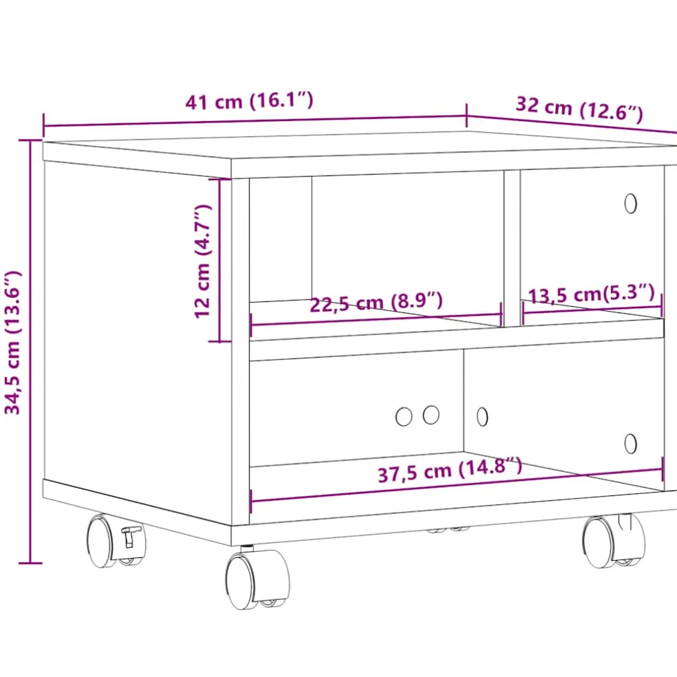 vidaXL Printerkastje met wielen 41x32x34,5 cm wit