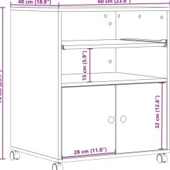 vidaXL Printerkastje met wielen 60x48x74 cm betongrijs