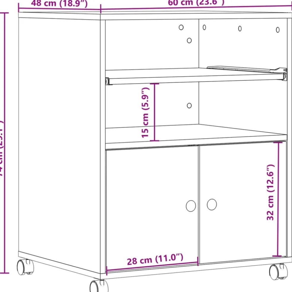 vidaXL Printerkastje met wielen 60x48x74 cm betongrijs