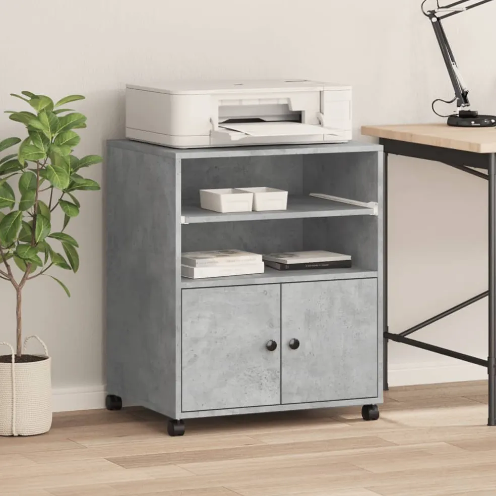 vidaXL Printerkastje met wielen 60x48x74 cm betongrijs