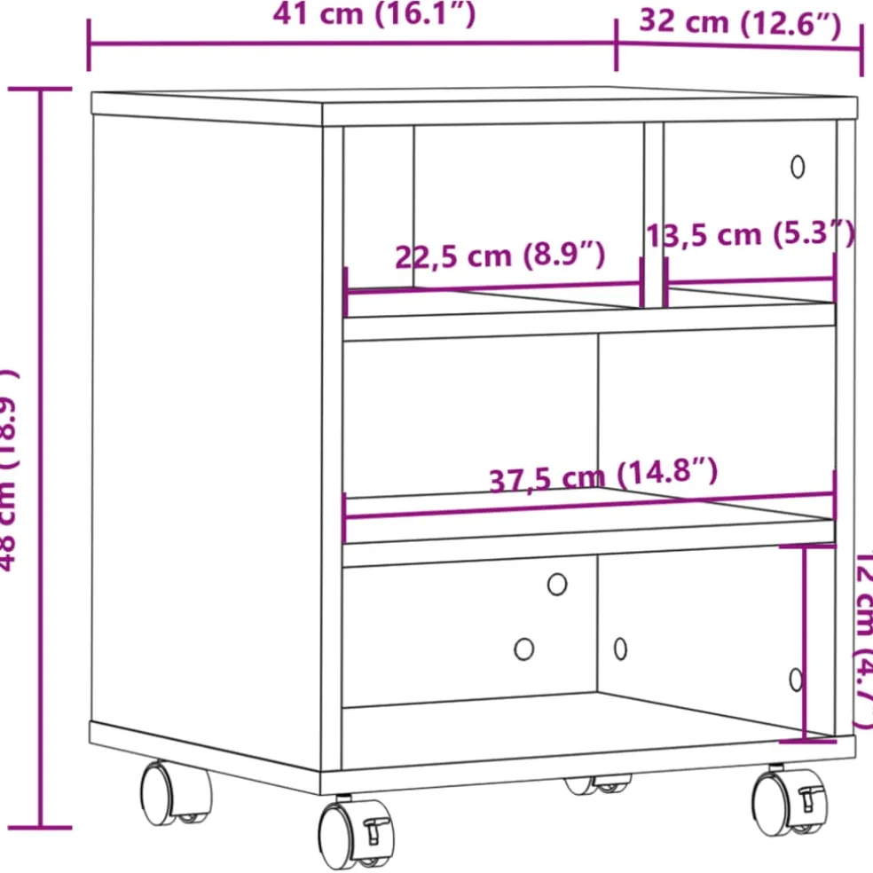 vidaXL Printerkastje met wielen 41x32x48 cm betongrijs