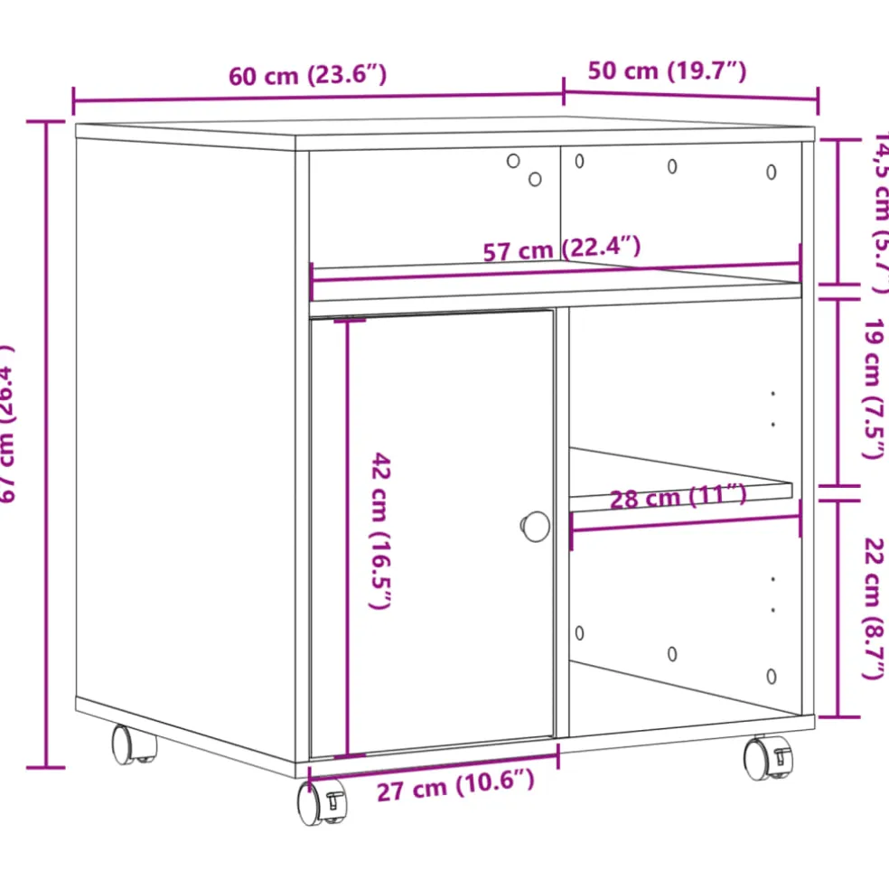 vidaXL Printerkastje met wielen 60x50x67 cm betongrijs