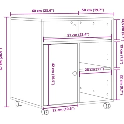 vidaXL Printerkastje met wielen 60x50x67 cm gerookt eikenkleurig