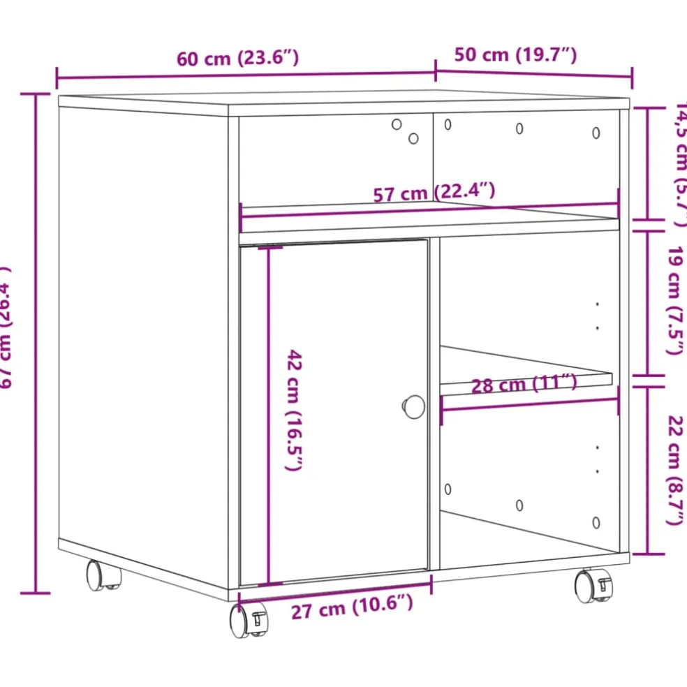 vidaXL Printerkastje met wielen 60x50x67 cm gerookt eikenkleurig