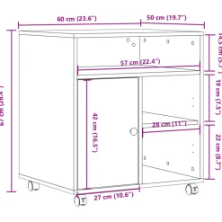 vidaXL Printerkastje met wielen 60x50x67 cm grijs sonoma eikenkleur