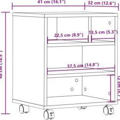 vidaXL Printerkastje met wielen 41x32x48 cm grijs sonoma eikenkleur