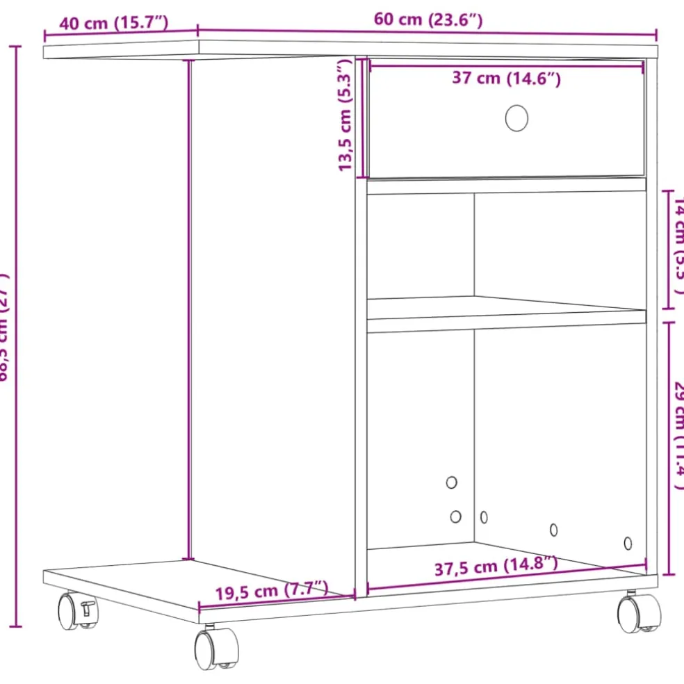 vidaXL Printerkastje met wielen 60x40x68,5 cm wit