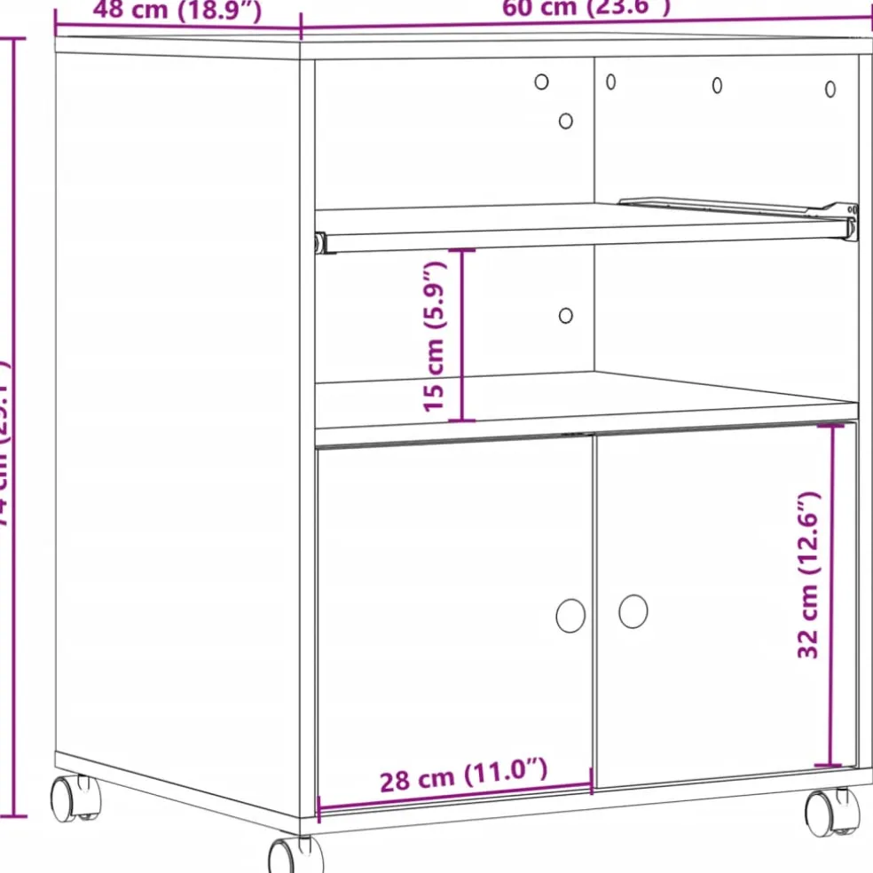vidaXL Printerkastje met wielen 60x48x74 cm grijs sonoma eikenkleur