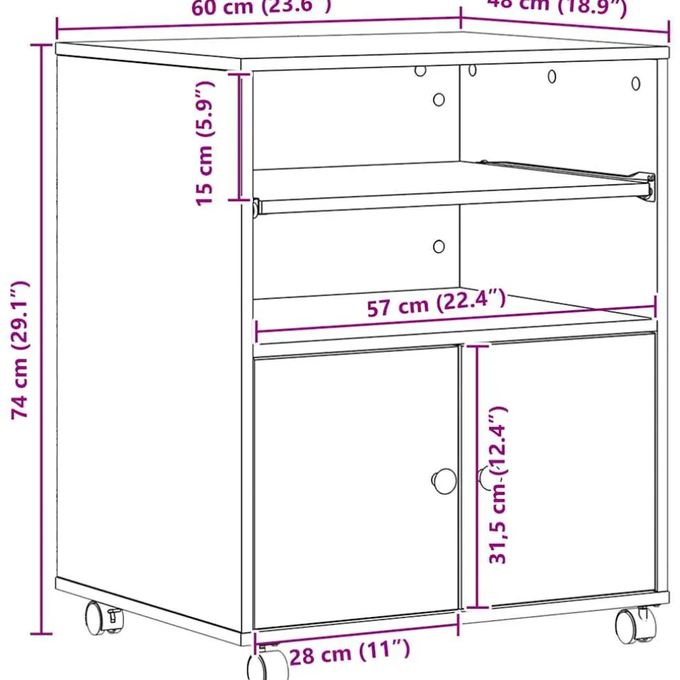 vidaXL Printerstand Artisanaal eiken 60 x 48 x 74 cm Bewerkt hout