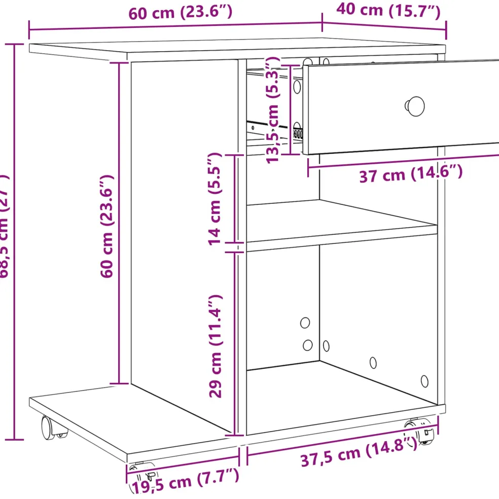 vidaXL Printerstand Oud hout 60 x 48 x 74 cm Bewerkt hout