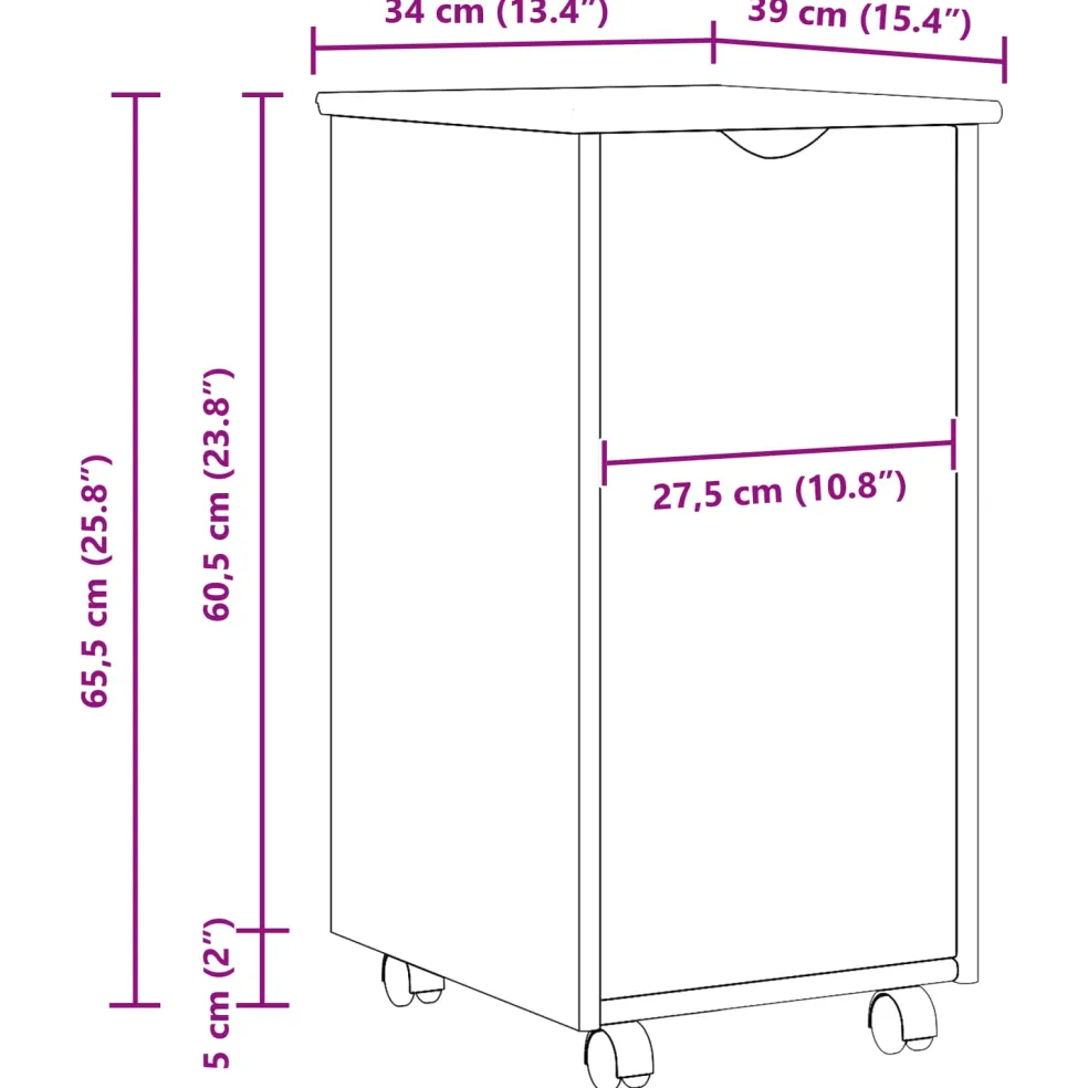 vidaXL Rolling Kast met wiel Wit 34 x 39 x 65,5 cm Massief Vurenhout