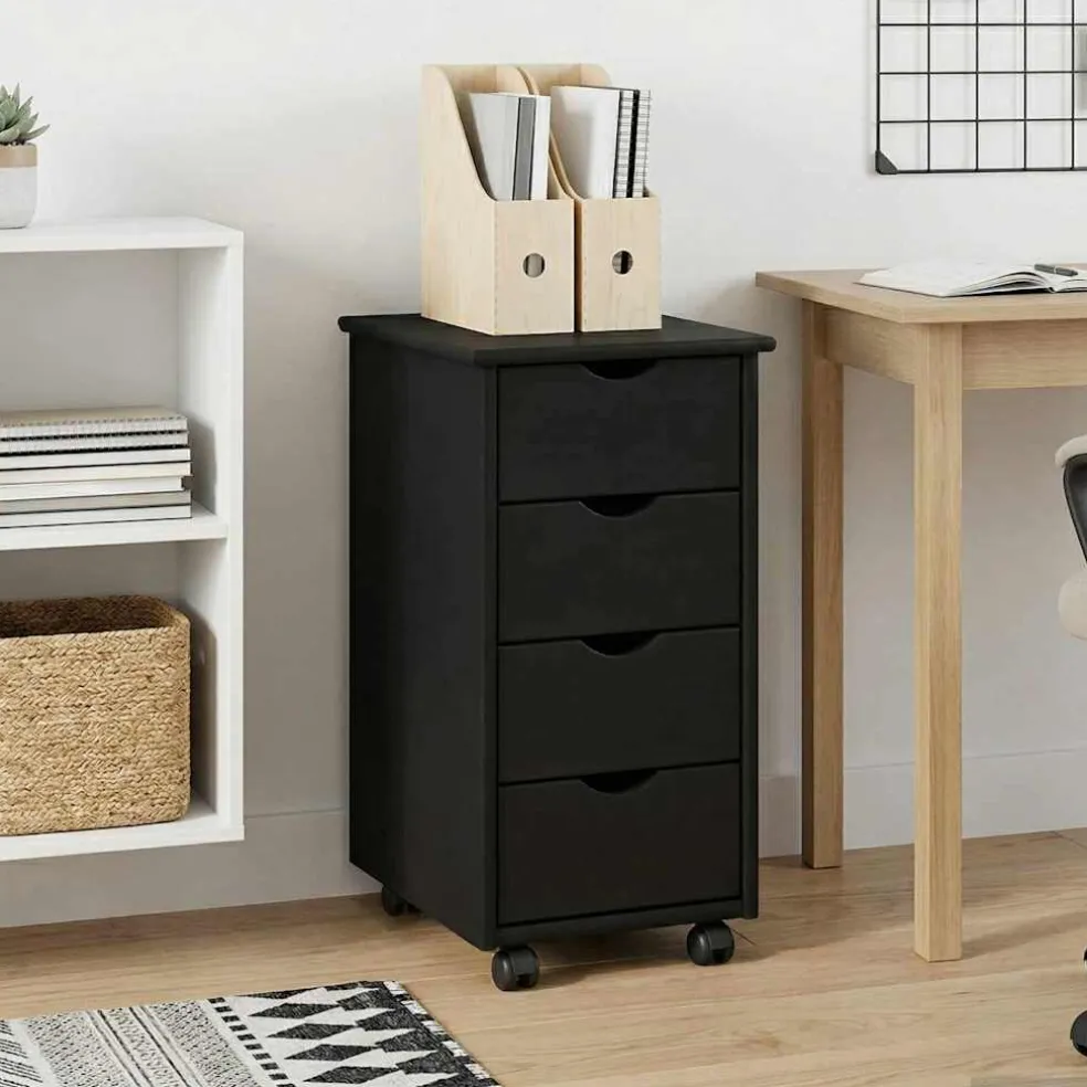 vidaXL Rolling Kast 34 x 39 x 65,5 cm Massief Vurenhout Zwart