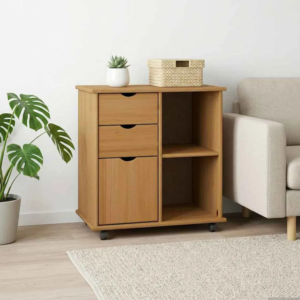 vidaXL Rolling Kast 63,5 x 39 x 65,5 cm Massief Vurenhout Honingbruin