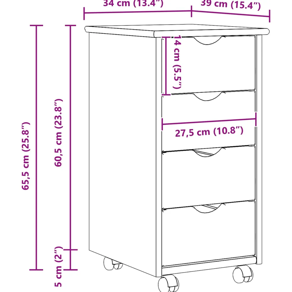 vidaXL Rolling Kast 34 x 39 x 65,5 cm Massief Vurenhout Grijs