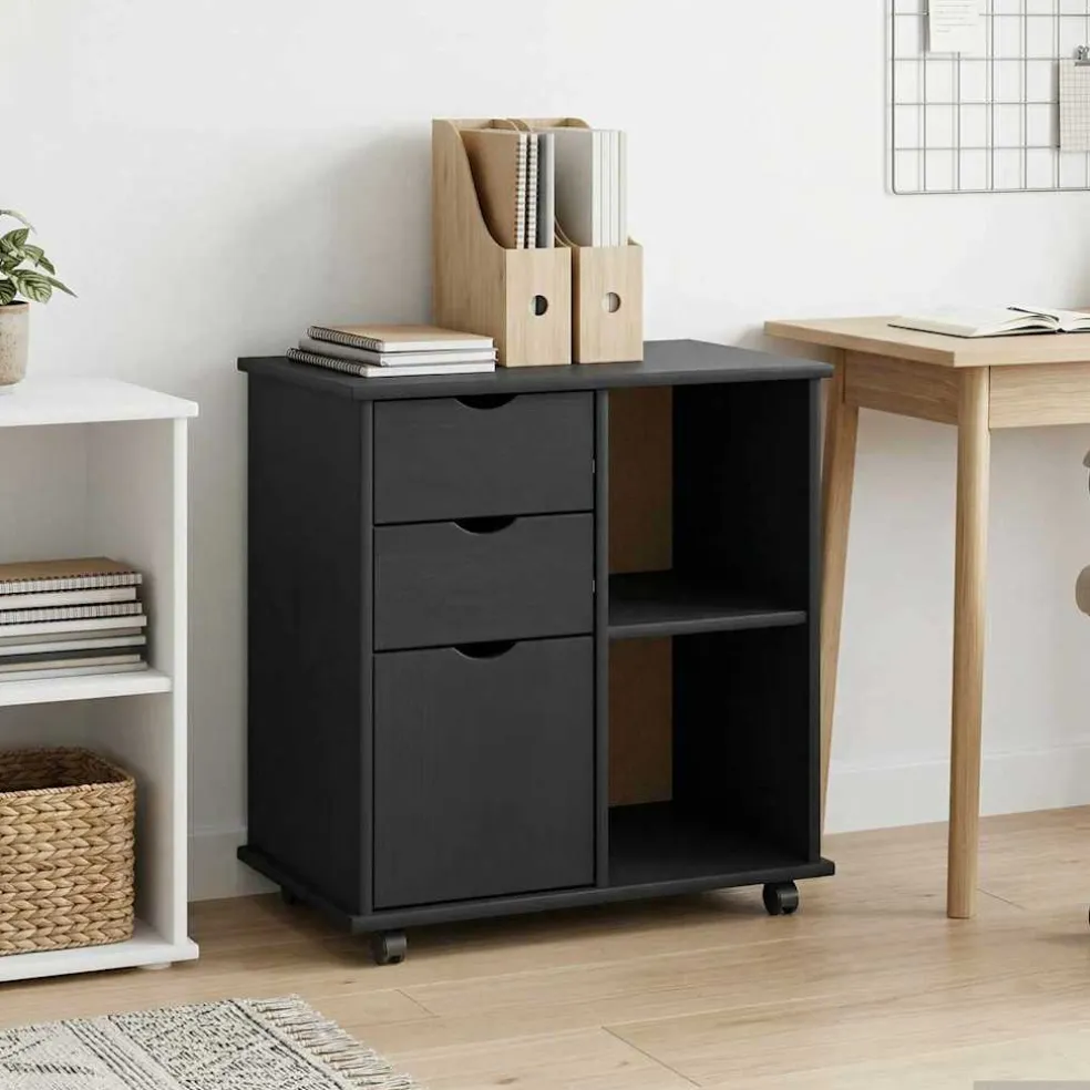 vidaXL Rolling Kast 63,5 x 39 x 65,5 cm Massief Vurenhout Zwart